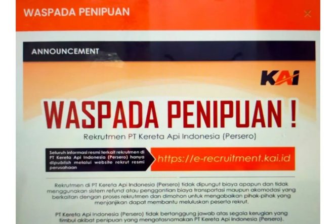 
					Imbauan PT KAI kepada masyarakat agar waspada terhadap iklan rekrutmen kerja palsu. ANTARA/PT KAI Daop 1 Jakarta