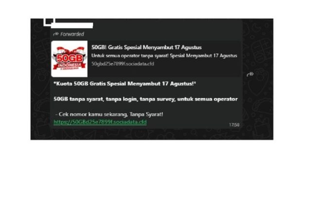 
					Tangkapan layar tautan yang memuat narasi kuota internet gratis sambut Kemerdekaan (WhatsApp)